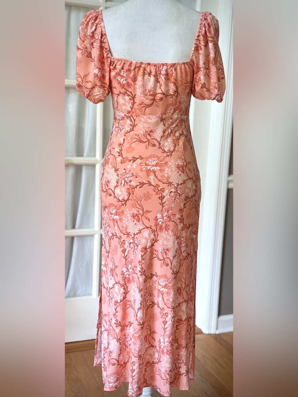 Hello Molly NWT Peach Floral Tie Front Puff Sleeve Midi Dress US 4 - Picture 7 of 14